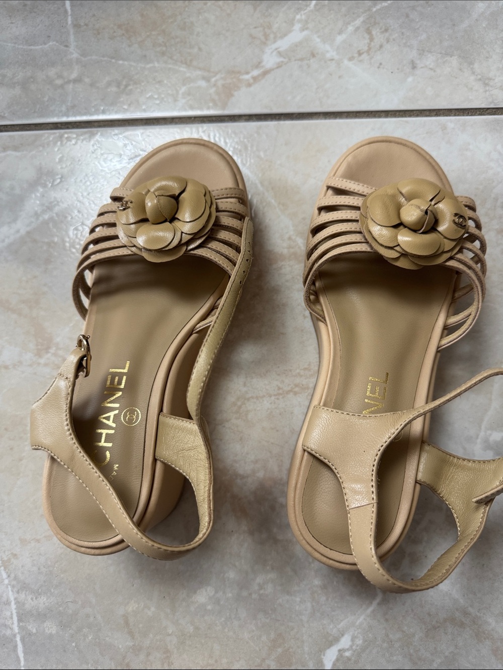 CHANEL Beige Leather Camellia Slingback Sandals - Picture 1 of 3